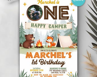 Happy Camper 1st Birthday Invitation, Camping First Birthday Party Invite, Boy One Birthday, Editable Canva Template Printable