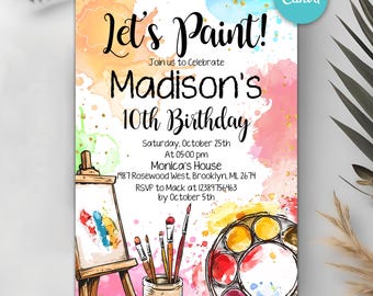 Invitación para fiesta de cumpleaños con pintura, invitación editable para pintar y celebrar, acuarela de arcoíris pastel, invitación de cumpleaños con arte