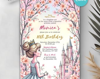 Princess Birthday Invitation, Girls Birthday Invite, Princess Birthday Party Invitation, Girl Princess Invitations, Editable Canva Template