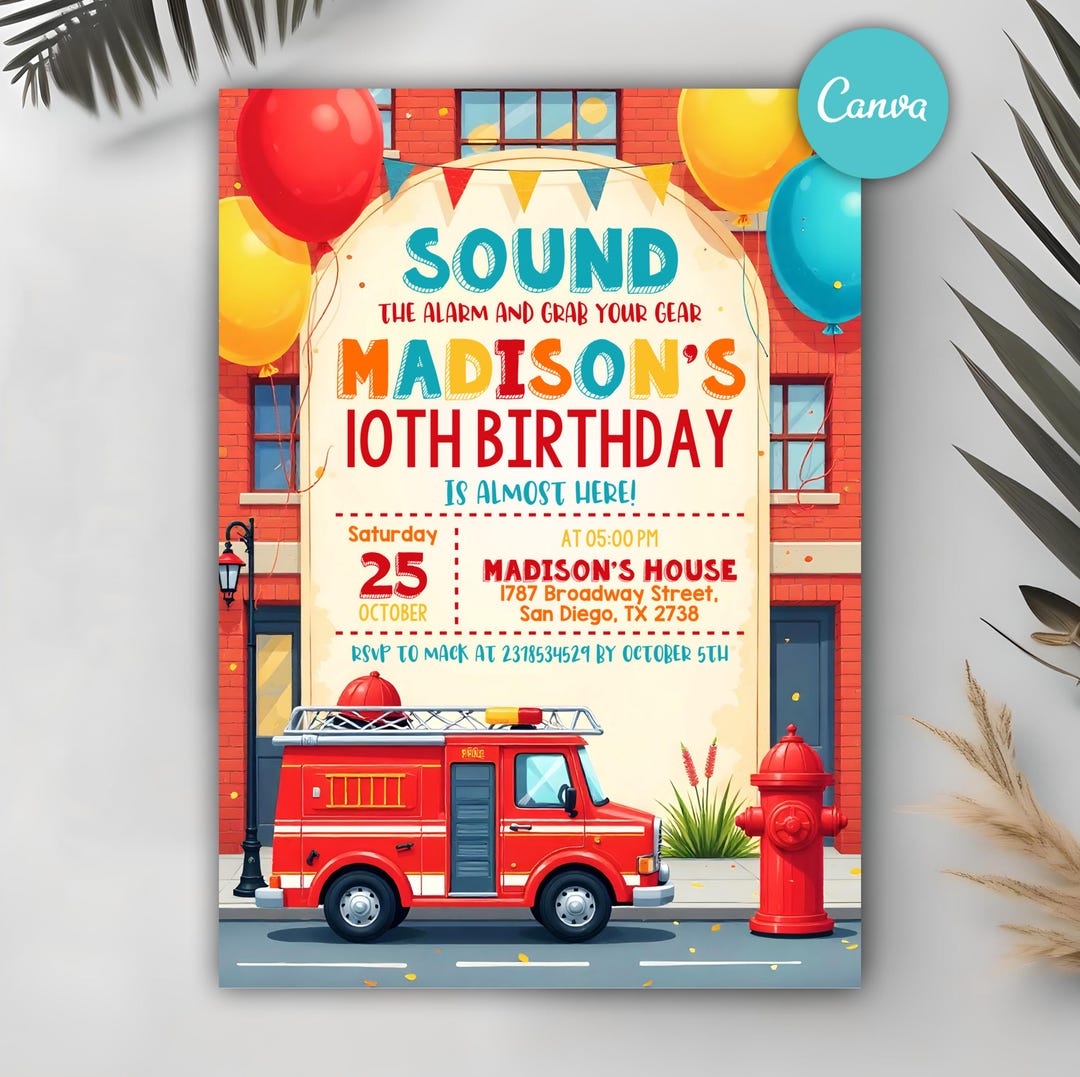 Fire Rescue Invitations Editable Fire Truck Birthday Invitation, Sound the Alarm Firefighter ...