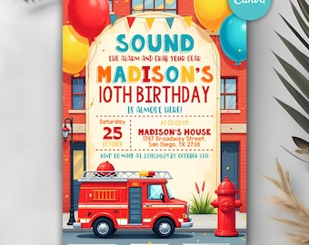 Editable Fire Truck Birthday Invitation, Sound The Alarm Firefighter Party Invite, Digital Canva Template