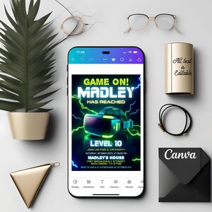 VR Birthday Invitation, Glow VR Invitation, Virtual Reality Invite, Video Game Birthday Party, Neon Gamer, Editable Canva Template