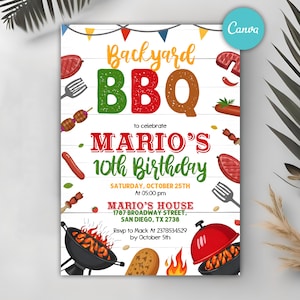 Backyard BBQ Party Invitation, BBQ Party Invite, Barbecue Invitation, BBQ Grill Party Invitations, Editable Canva Template