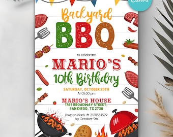Backyard BBQ Party Invitation, BBQ Party Invite, Barbecue Invitation, BBQ Grill Party Invitations, Editable Canva Template
