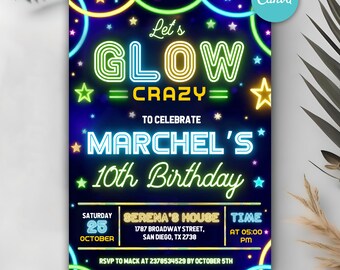 Bearbeitbare Glow-Geburtstagseinladung, Neon Glow-Einladung, Glow Crazy Geburtstag einladen, Neonlichter, Glow-Party-Einladung, sofort Download