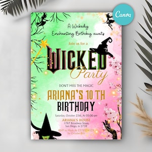 Wicked Geburtstagsfeier-Einladung, Wicked Party-Einladung, WICKED inspirierte Kinokarte, Elphaba & Glinda Theme, Filmparty, Canva Editable