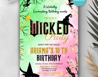 Wicked Birthday Party Invitation, Wicked party invitation, WICKED inspired Movie ticket, Elphaba & Glinda Theme, Movie party, Canva Editable