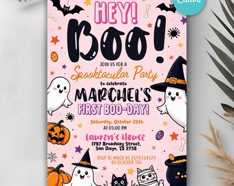 May include: A pink Halloween party invitation with the words "HEY! BOO!" and "Spooktacular Party." The invitation includes cartoon ghosts, pumpkins, bats, and the text "MARCHEL'S FIRST BOO-DAY!" with event details.