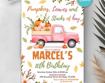 May include: A pink vintage truck illustration carrying pumpkins and hay, with text that reads "Pumpkins, Leaves and Stacks of hay." The invitation also includes the text "Marcel's 10th Birthday" and event details.