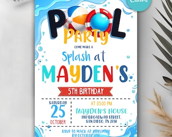 May include: A blue and white pool party invitation with the words "POOL PARTY" and "MAYDEN'S 5TH BIRTHDAY". The invitation includes a beach ball, a life preserver, and water splash graphics. The date and time are also included.