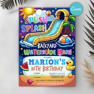 Waterslide Birthday Invitation, Summer Birthday Party Invite, Boy Girls Splash Party, Waterslide Invitation, Any Age, Canva Template