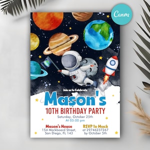 May include: A blue and white birthday party invitation with a watercolor illustration of an astronaut in space. The invitation says "Join us to Celebrate Mason's 10th Birthday Party" and includes the date, time, location, and RSVP information.