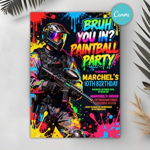 May include: A colorful paintball party invitation with a graphic of a person in paintball gear holding a paintball gun. The invitation includes the text "Bruh You In? Paintball Party" and details for Marchel's 10th birthday.