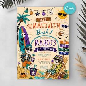 May include: A rectangular invitation card titled It's a Summerween Bash! for Marco's 7th birthday. The design features two skeletons in tropical attire, a surfboard, a ghost, a sun, and beach elements. Text includes date, time, and location details.