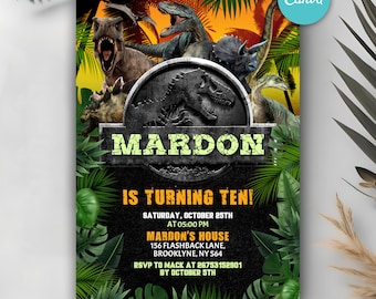 Dinosaur Birthday Invitation, Dino World Party Invite, T-Rex Party Invitation, Boy Birthday Party Invite, Editable Canva Template