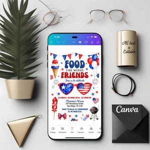 4th of July Invite, Independence Day, BBQ Party Invite, Summer Celebration, Watercolor Invite, Patriotic Party, Food Fireworks, Friends Bash, Red White Blue, Heart Sunglasses, Editable Template, Canva Invitation, Digital Download