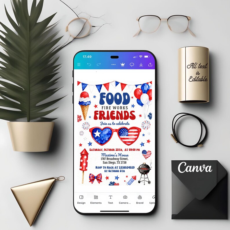 4th of July Invite, Independence Day, BBQ Party Invite, Summer Celebration, Watercolor Invite, Patriotic Party, Food Fireworks, Friends Bash, Red White Blue, Heart Sunglasses, Editable Template, Canva Invitation, Digital Download