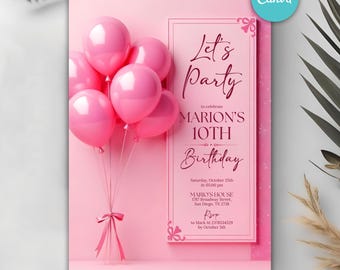 Digital Let's Party Pink Glitter Balloons Birthday Party Invitation, Pink Glitter Invitation, Any Age, Editable Canva Template