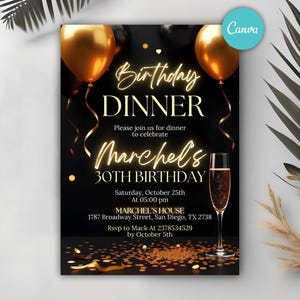 Digital Birthday Dinner Invitation Template, Black Tie Glam Invite, Animated Black Golden Diamond Evite For Men & Women, Self Editable eCard