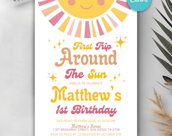 First Trip Around the Sun Birthday Invitation, First Birthday Invitation, Sunshine Boho Invitation, Editable Canva Template