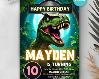 May include: A green dinosaur with a toothy grin is featured on a birthday invitation for a 10th birthday party. The invitation is decorated with a jungle theme and includes the name "Mayden" and the date and time of the party.