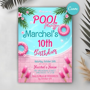 Editable Girls Pool Birthday Invitation, Pool Party Birthday Invite, Girls Teenage Birthday Invite, Pink Girls Invitation, Digital Download
