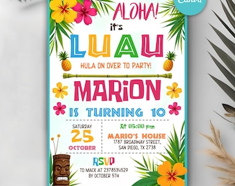 Editable Luau Birthday Invitation, Aloha Luau Birthday Party Invite, Hawaiian Luau Party Invitation, Luau Invitation, Instant Download