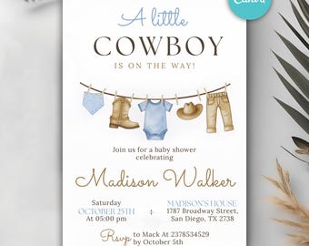 A Little Cowboy Baby Shower Invitation Template, Editable Dusty Blue Western Clothesline Invite, Digital Boy Cowboy Canva Download