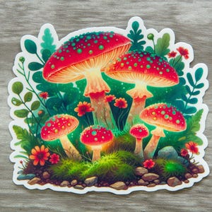 Sticker champignon, illustration florale rouge sarcelle mousse, Sticker semi-mat fait main pour ordinateur portable, bouteille d'eau, téléphone portable, résistant aux UV et à l'eau