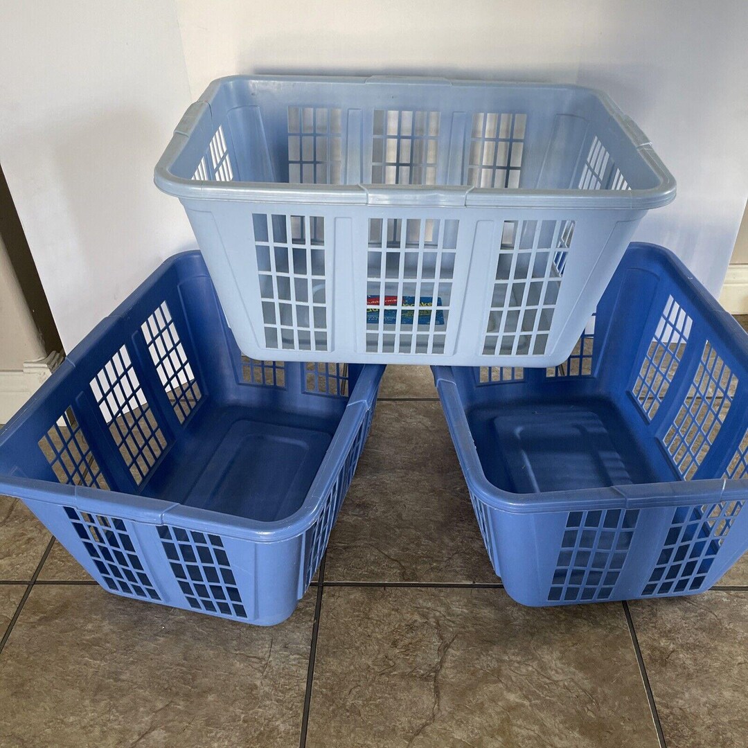 3 Vintage Rubbermaid 2965 Laundry Basket Blue Beige Rectangle Plastic ...