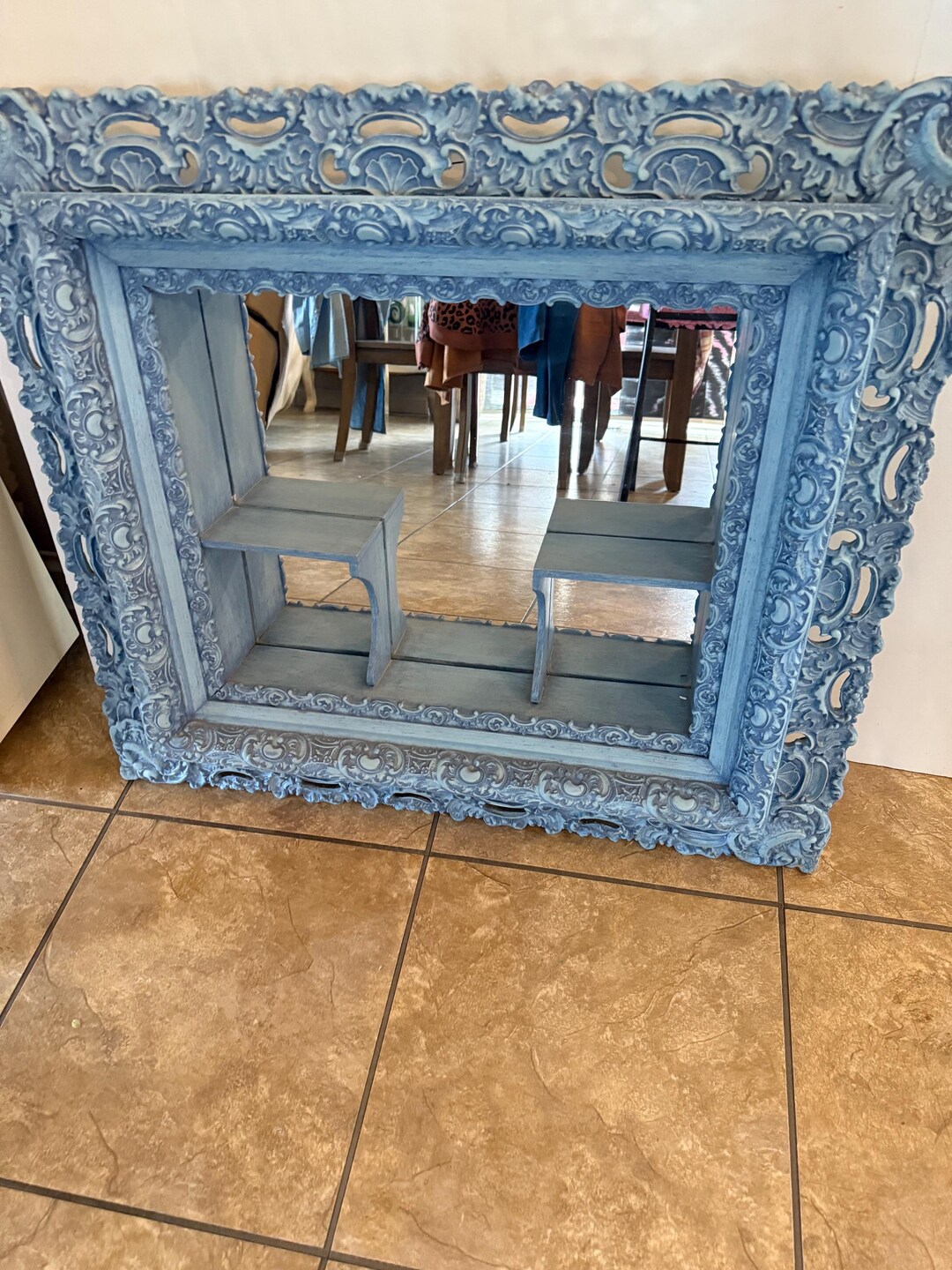 Vtg Wood Carved Shadow Box Frame Mirror 34”x30” 4” Deep Shelves MCM 70 ...