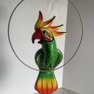 Vtg MCM Hanging Hand Painted ceramic Parrot Perched Hoop Mexico Colorful 13”