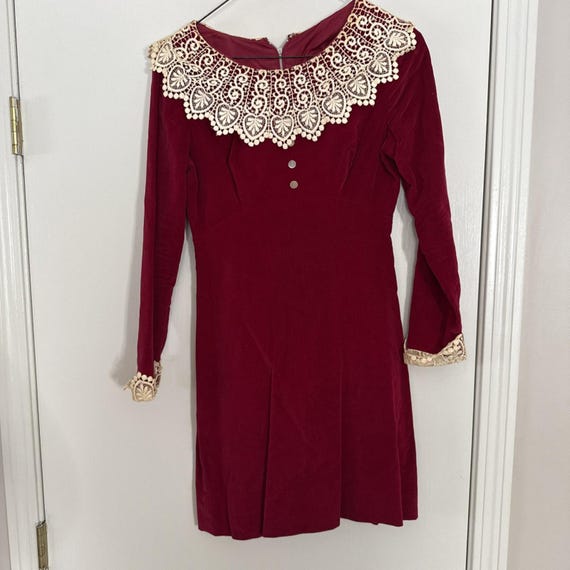 red velvet empire waist dress Vintage 1960s Red Velvet Empire Waist Dress Ivory Satin Collar & Cuffs Mod  XS/S