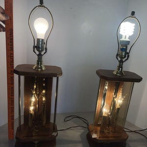 Vintage MCM Pair Wood/Brass Don WARD Etched Glass Oval Table Lamps 2-Candle No Shade