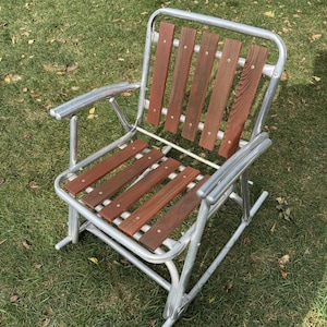 VTG MCM Red Wood Five 5 Latten Aluminium Klapp RASEN SCHAUKEL Stuhl Hof Metallsitz
