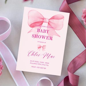 Editable Bow Baby Shower Invitation Template, Pink Bow Invitation, Girl Baby Shower Invite, Instant Download - Pink