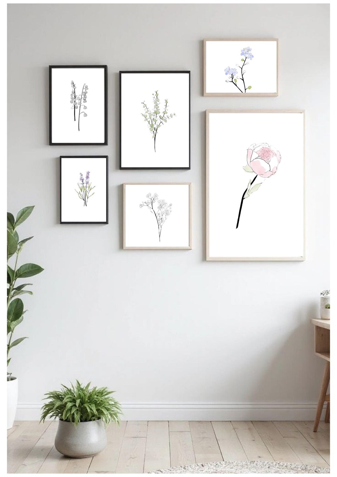 Boho Botanical Wall Art Set of 5 | Minimalist Line Art Prints | Neutral ...