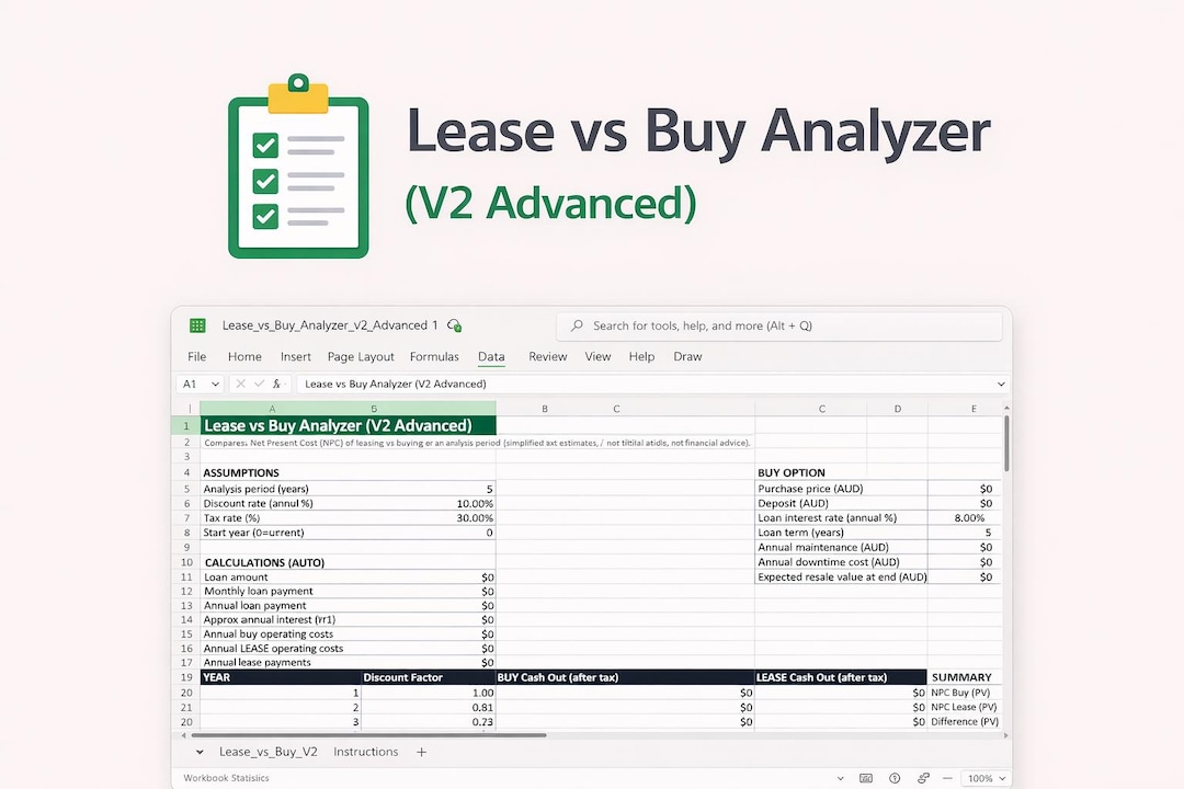 Lease Vs Buy Analyzer Spreadsheet | Financial Decision Tool, Cost Comparison Calculator (excel ...