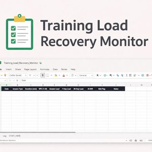 Puede incluir: Una hoja de cálculo digital titulada "Training Load Recovery Monitor" con un icono de portapapeles verde. La hoja de cálculo incluye columnas para el tipo de sesión, la duración y la carga. El texto "Training Load Recovery Monitor" se muestra arriba.