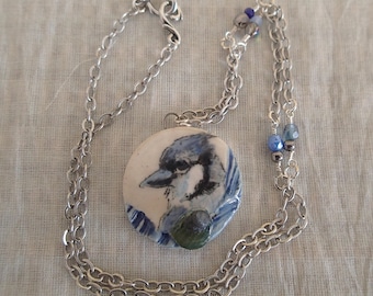 Handmade Blue Jay Necklace: Ceramic Bird Pendant, Nature Lover Gift