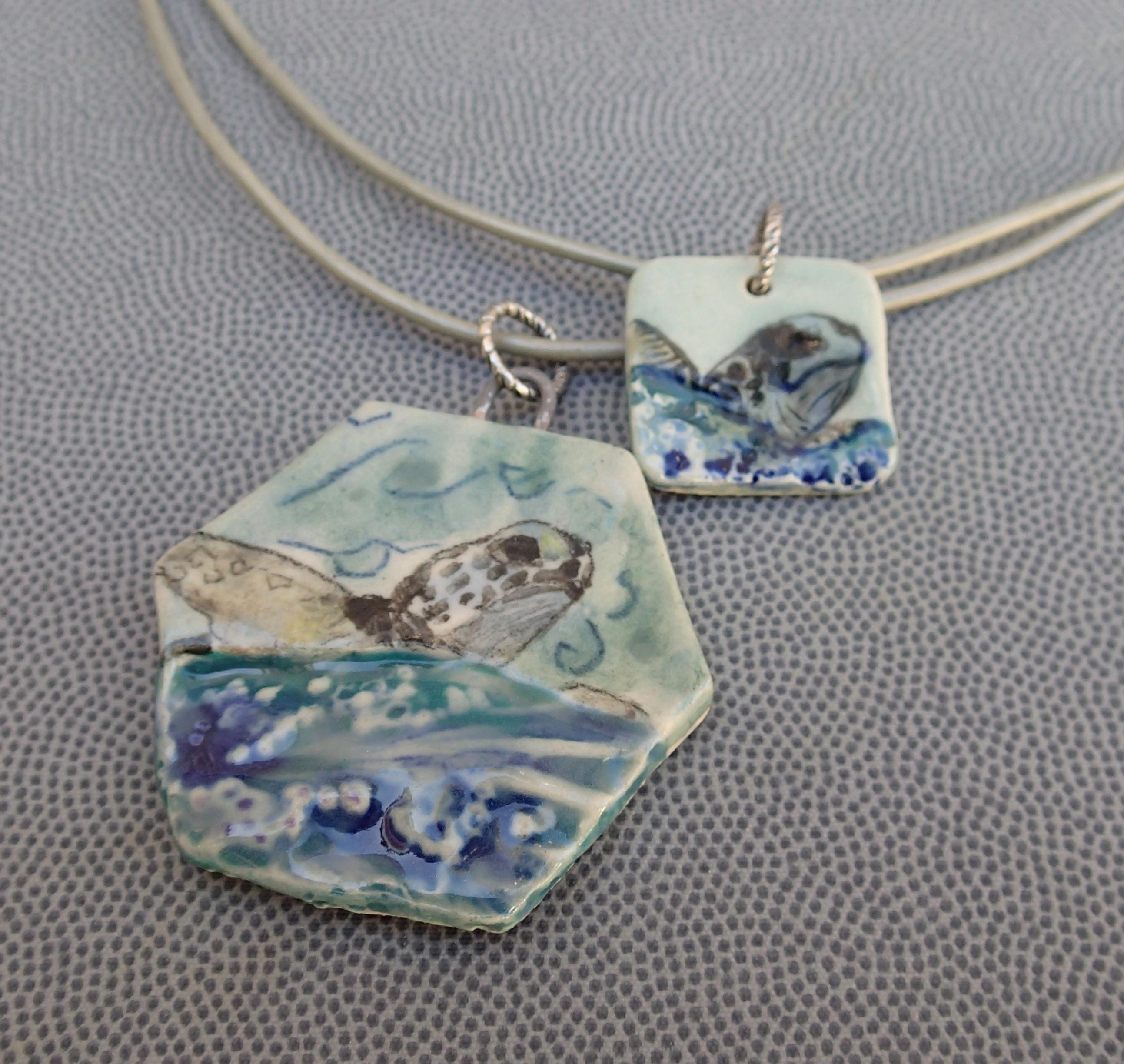 Sea Turtle Pendant Necklaces, Glaze Painted Ceramic Handmade Pendants, OOAK