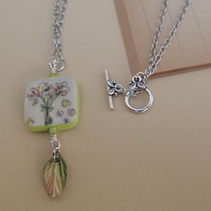 Floral Ceramic Pendant Necklace: Handmade Stoneware Clay Leaf Charm
