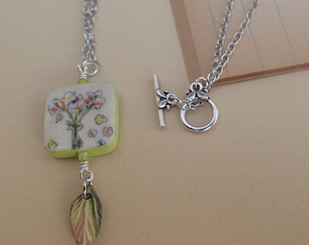 Floral Ceramic Pendant Necklace: Handmade Stoneware Clay Leaf Charm