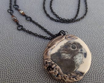 Handmade Merlin Falcon Necklace: Painted Stoneware Clay Pendant