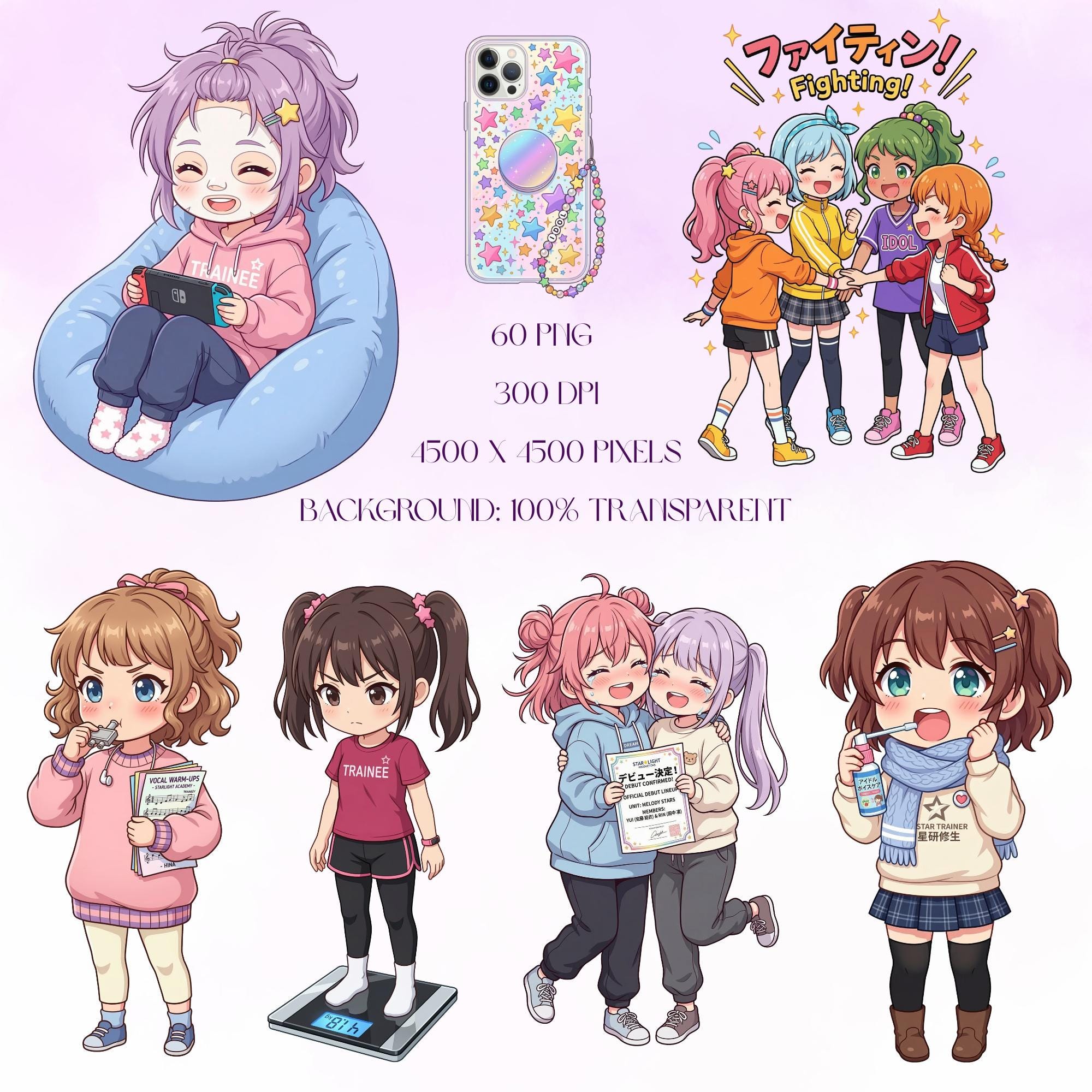 K-pop Trainee Chibi Clipart Bundle, Behind the Scenes J-pop Idol, Dance ...