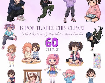 K-Pop Trainee Chibi Clipart Bundle, Behind the Scenes J-Pop Idol, Dance Practice, Kawaii Anime Vector Illustration Pack, Commercial Use PNGs
