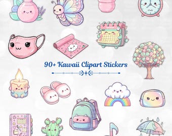 Kawaii Planner Clipart Bundle, 90+ Pastel Stickers, Printable Planner