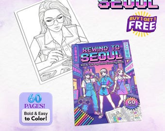 Kpop Coloring Book Printable, Rewind to Seoul 90s Anime Style, Y2K Aesthetic Fashion Adult Coloring Pages, City Pop Art Digital Download PDF