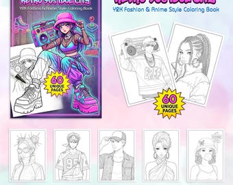 Printable Anime Coloring Book for Adults & Teens, Y2K Fashion 90s Aesthetic Manga Pages, Retro Pop Idol Line Art, Cyber K-Pop Streetwear Art