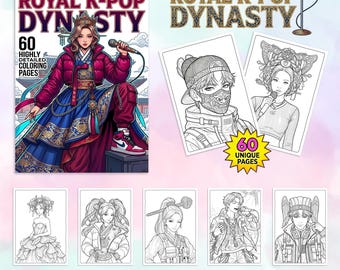 K-Pop Coloring Book for Adults & Teens, 60 Aesthetic Kpop Idol Coloring Pages, Anime Manga Line Art, Royal Modern Hanbok Streetwear